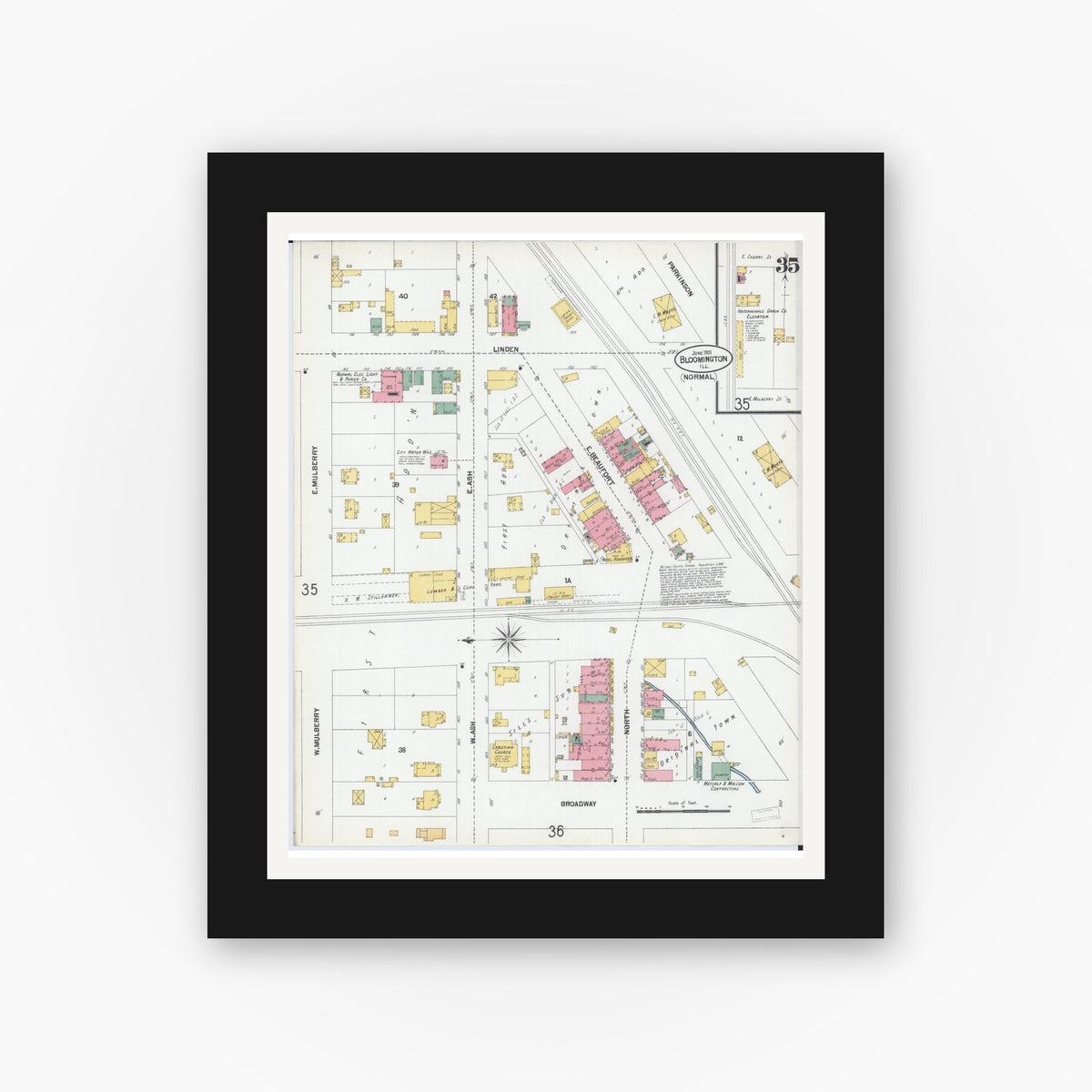 Old map wall art mockup — black gallery frame with white mat — Sanborn Fire Insurance Map from Bloomington, McLean County, Illinois (1901), Sheet #0035