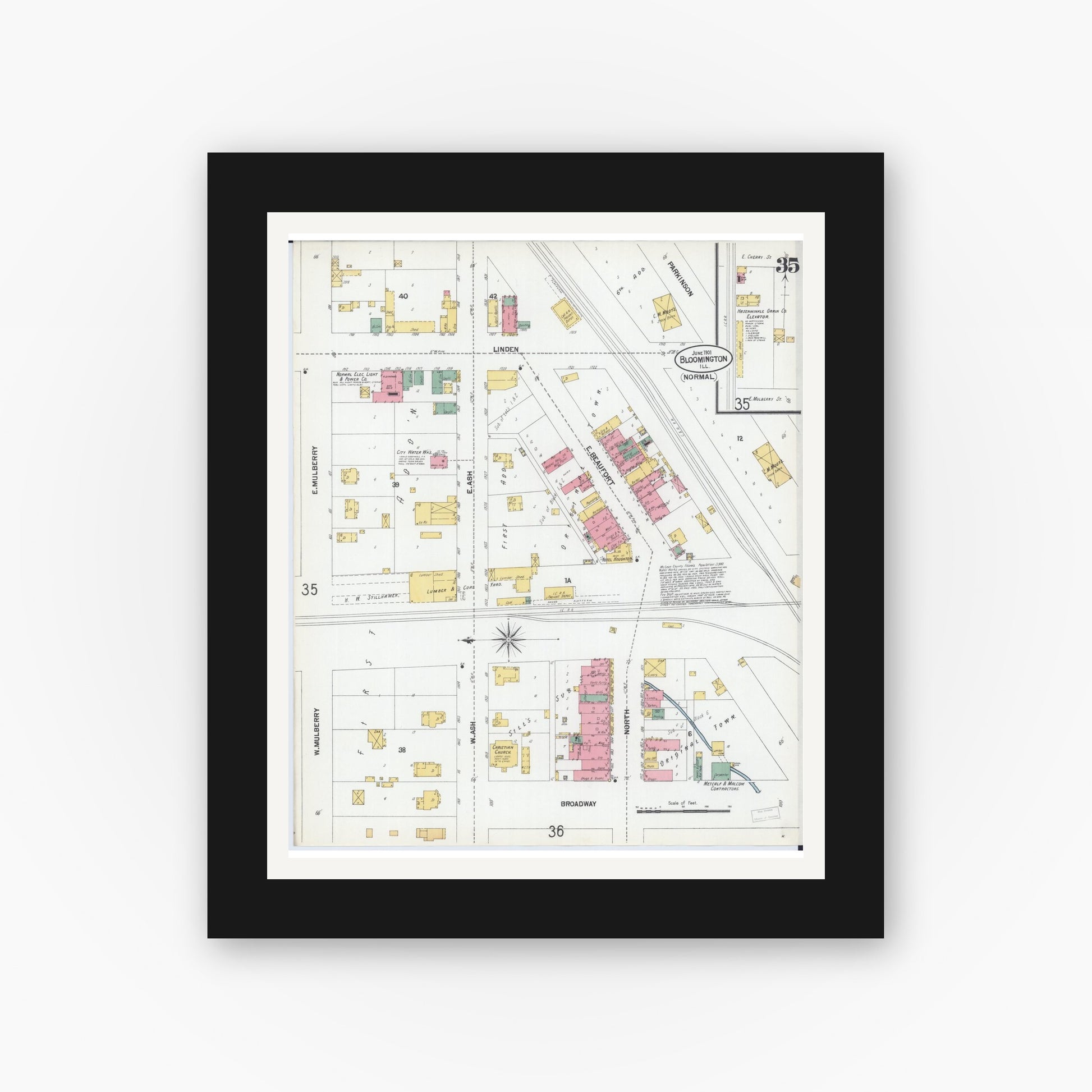 Old map wall art mockup — black gallery frame with white mat — Sanborn Fire Insurance Map from Bloomington, McLean County, Illinois (1901), Sheet #0035