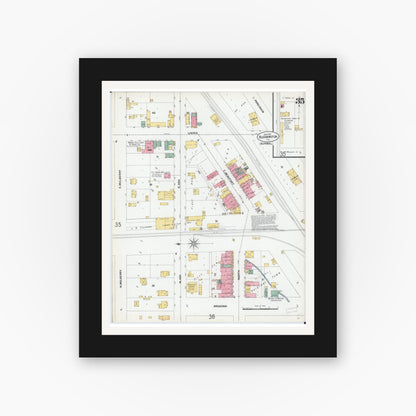 Old map wall art mockup — black gallery frame with white mat — Sanborn Fire Insurance Map from Bloomington, McLean County, Illinois (1901), Sheet #0035