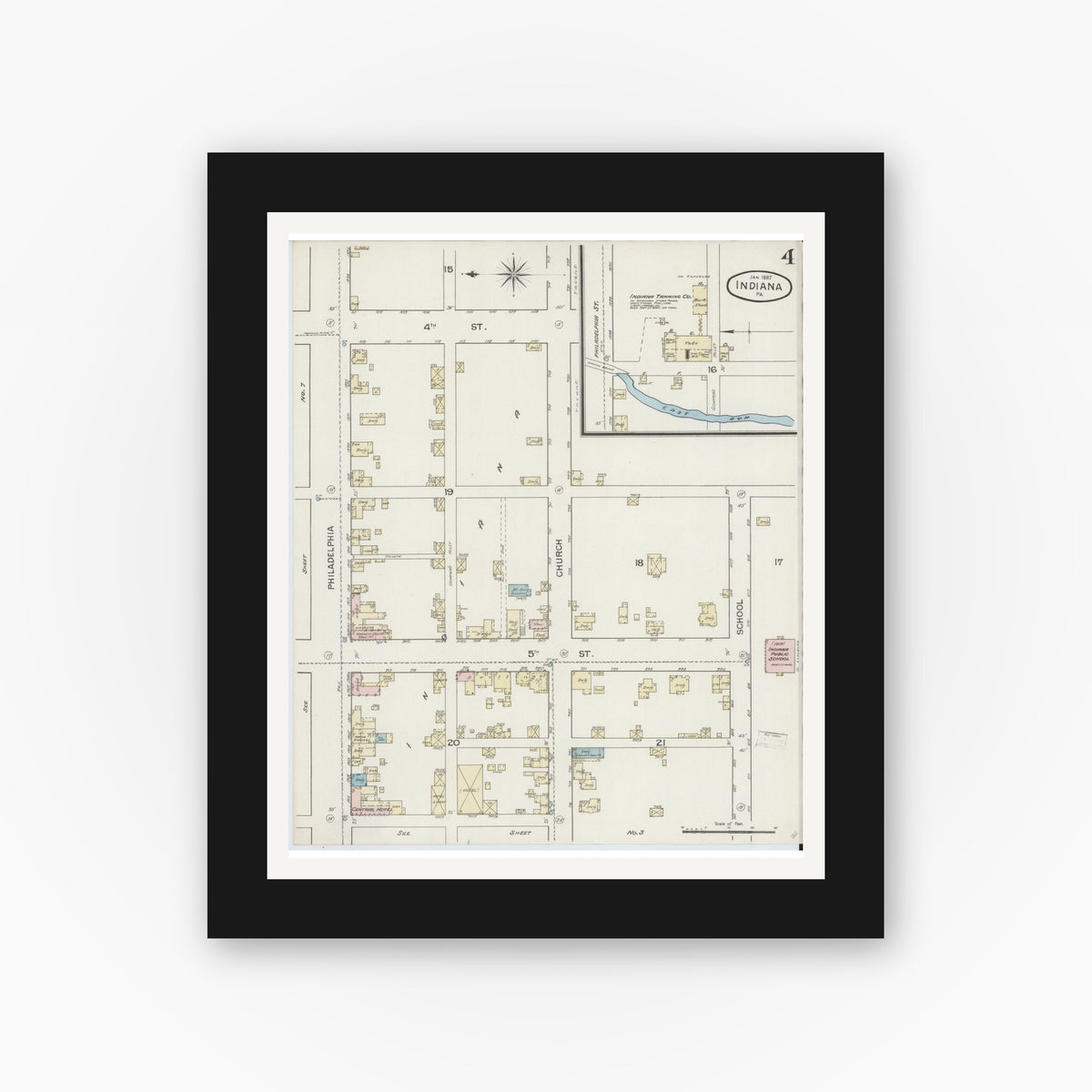 Old map wall art mockup — black gallery frame with white mat — Sanborn Fire Insurance Map from Indiana, Indiana County, Pennsylvania (1887), Sheet #0004