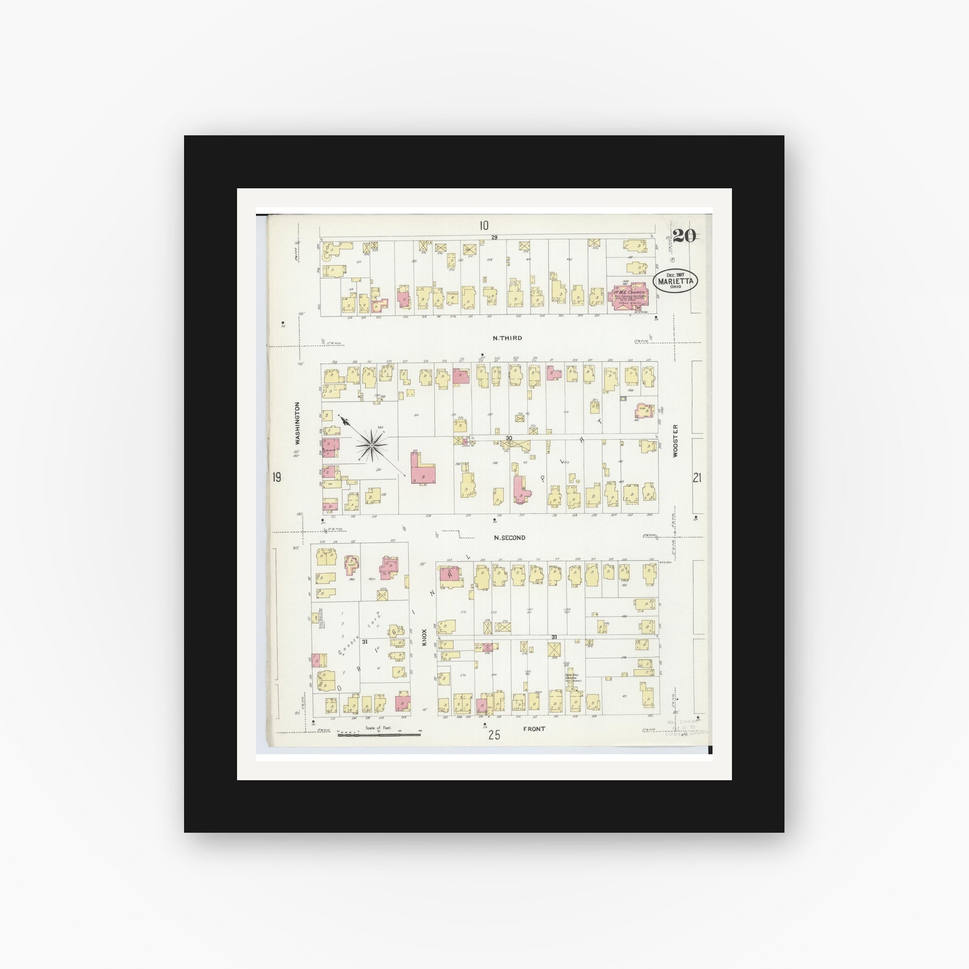 Old map wall art mockup — black gallery frame with white mat — Sanborn Fire Insurance Map from Marietta, Washington County, Ohio (1907), Sheet #0020