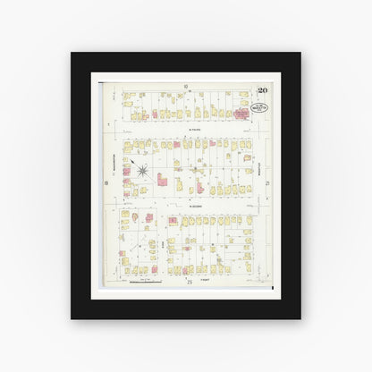Old map wall art mockup — black gallery frame with white mat — Sanborn Fire Insurance Map from Marietta, Washington County, Ohio (1907), Sheet #0020
