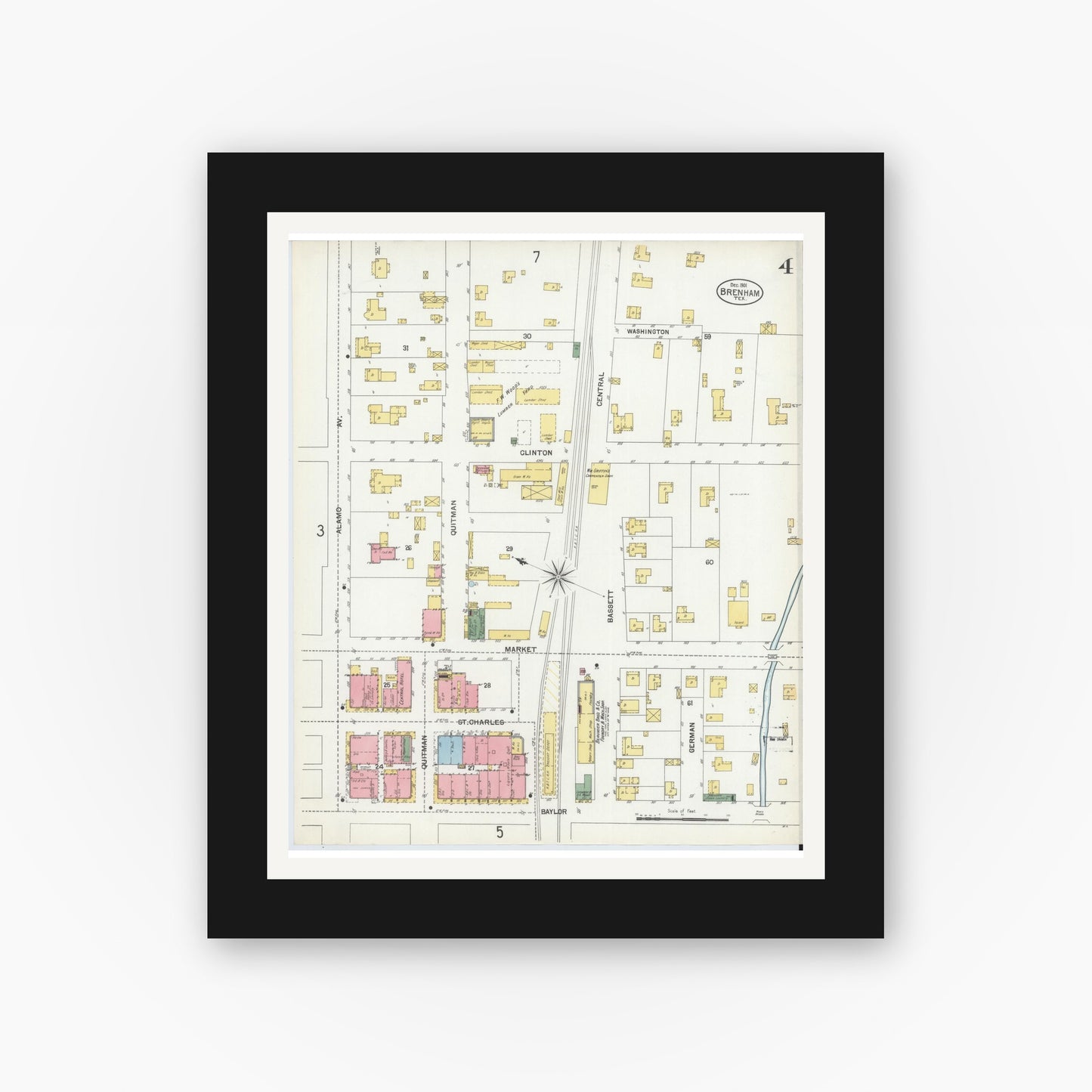 Old map wall art mockup — black gallery frame with white mat — Sanborn Fire Insurance Map from Brenham, Washington County, Texas (1901), Sheet #0004