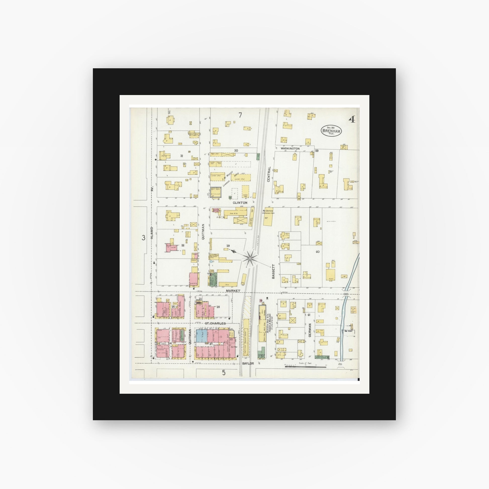 Old map wall art mockup — black gallery frame with white mat — Sanborn Fire Insurance Map from Brenham, Washington County, Texas (1901), Sheet #0004