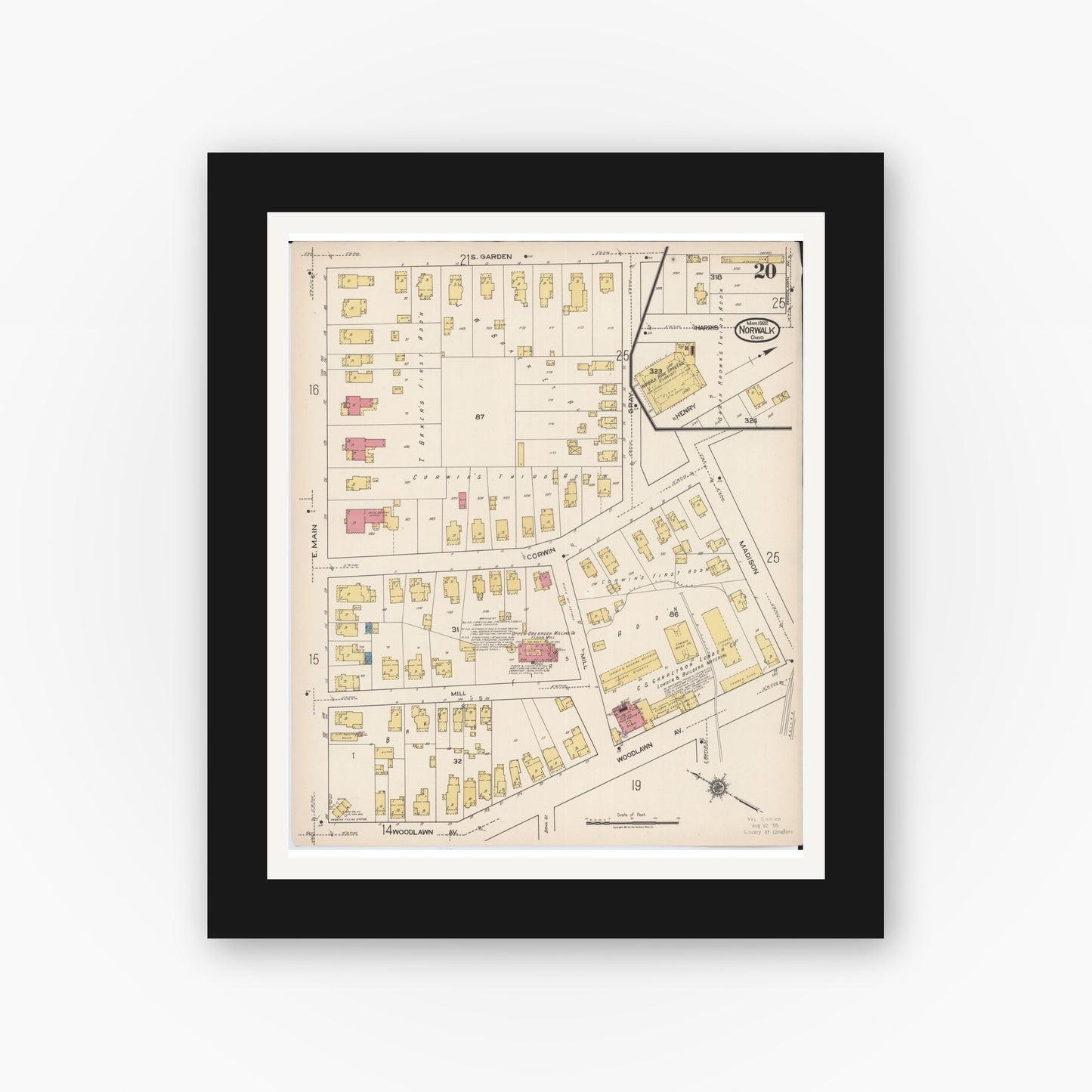 Old map wall art mockup — black gallery frame with white mat — Sanborn Fire Insurance Map from Norwalk, Huron County, Ohio (1922), Sheet #0020
