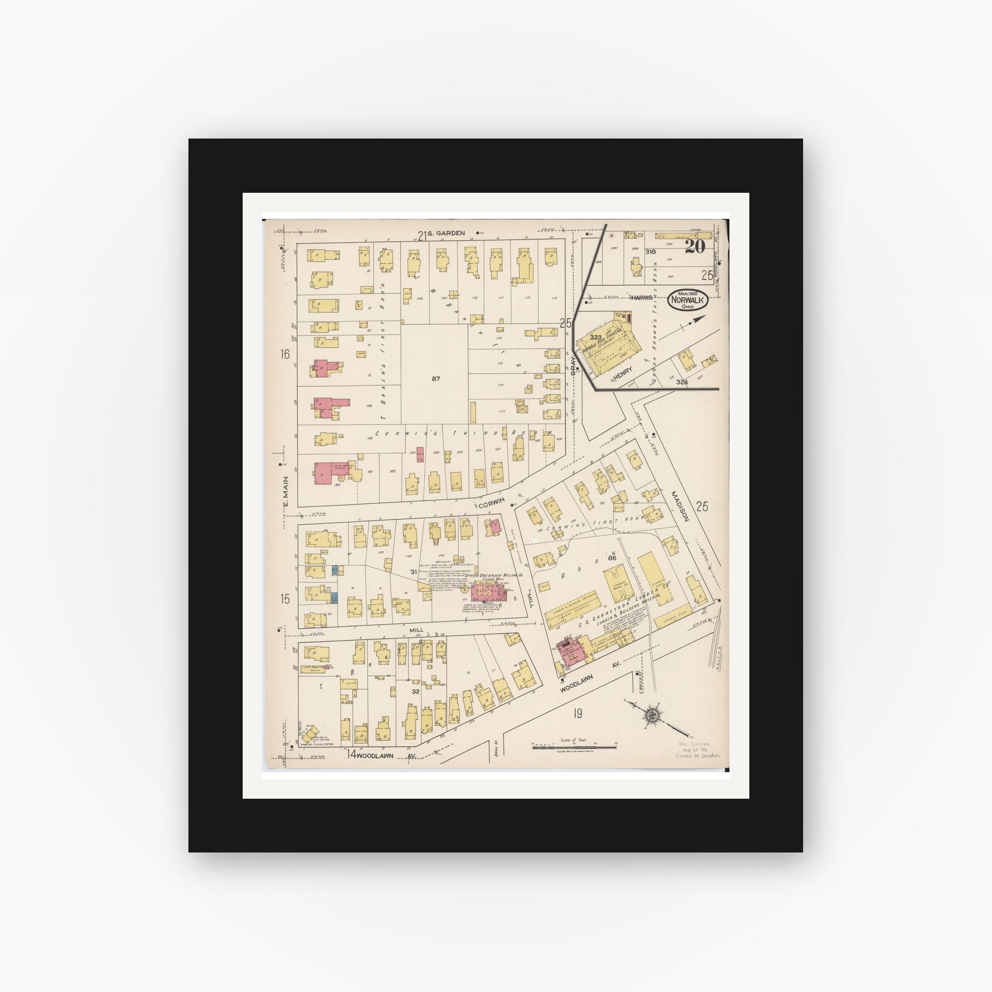 Old map wall art mockup — black gallery frame with white mat — Sanborn Fire Insurance Map from Norwalk, Huron County, Ohio (1922), Sheet #0020