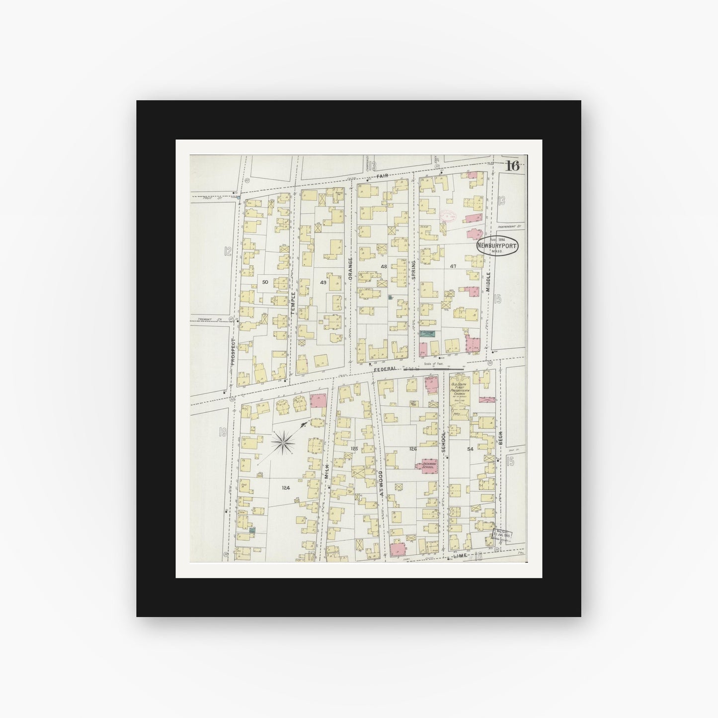 Old map wall art mockup — black gallery frame with white mat — Sanborn Fire Insurance Map from Newburyport, Essex County, Massachusetts (1894), Sheet #0016