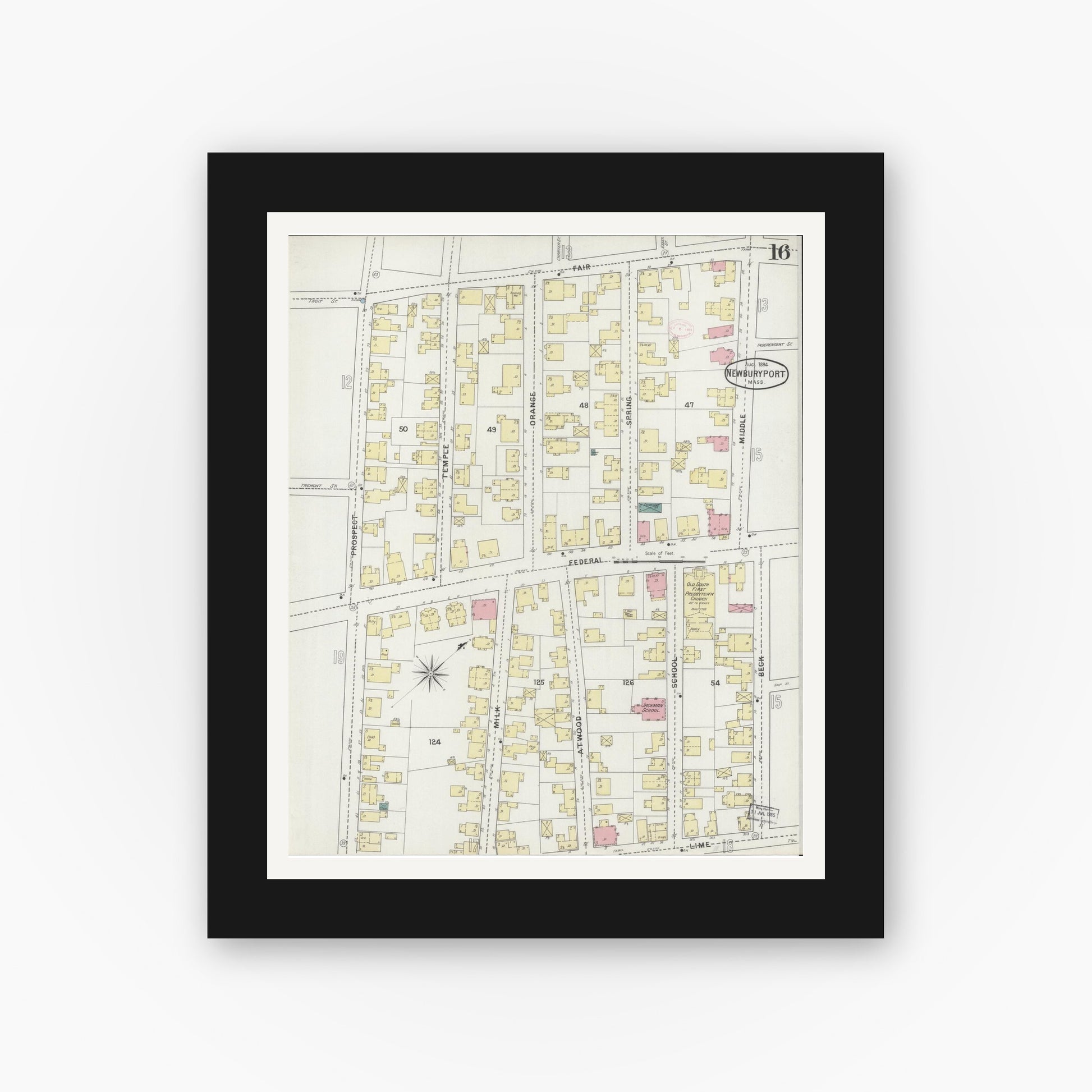 Old map wall art mockup — black gallery frame with white mat — Sanborn Fire Insurance Map from Newburyport, Essex County, Massachusetts (1894), Sheet #0016