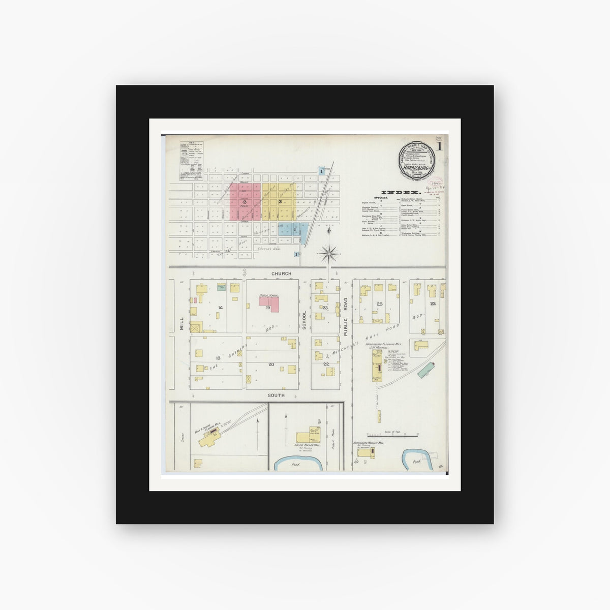 Old map wall art mockup — black gallery frame with white mat — Sanborn Fire Insurance Map from Harrisburg, Saline County, Illinois (1894) - Complete Map Set