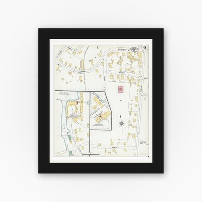 Old map wall art mockup — black gallery frame with white mat — Sanborn Fire Insurance Map from Spencer, Worcester County, Massachusetts (1901), Sheet #0009