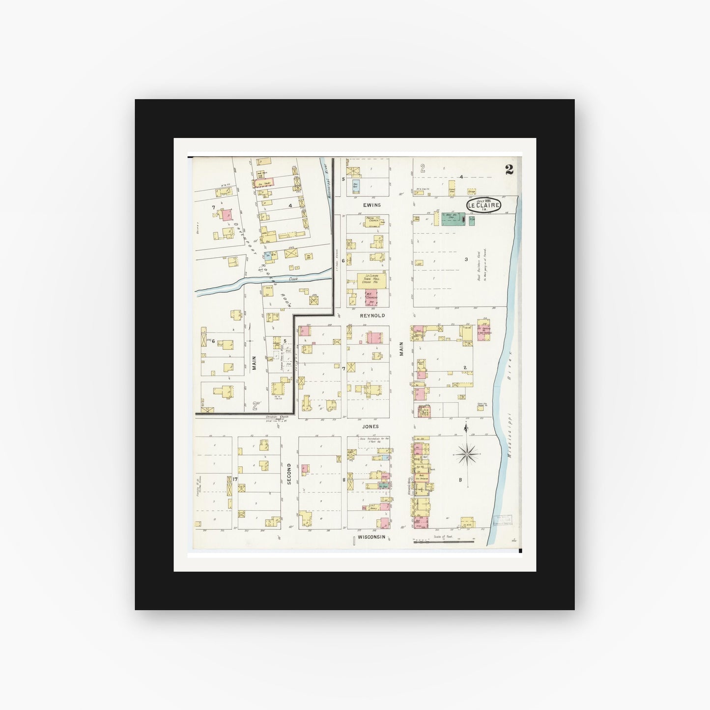 Old map wall art mockup — black gallery frame with white mat — Sanborn Fire Insurance Map from Le Claire, Scott County, Iowa (1895), Sheet #0002