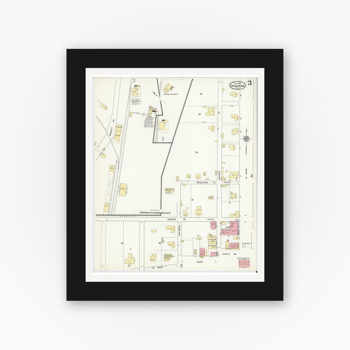 Old map wall art mockup — black gallery frame with white mat — Sanborn Fire Insurance Map from Henderson, Rusk County, Texas (1912), Sheet #0003