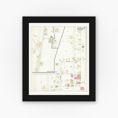 Old map wall art mockup — black gallery frame with white mat — Sanborn Fire Insurance Map from Henderson, Rusk County, Texas (1912), Sheet #0003