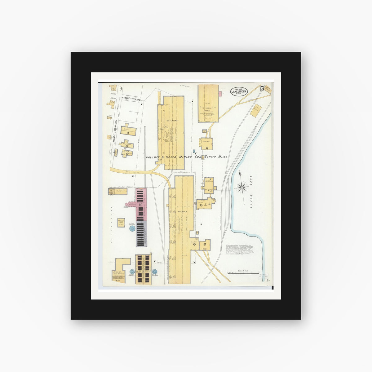 Old map wall art mockup — black gallery frame with white mat — Sanborn Fire Insurance Map from Lake Linden, Houghton County, Michigan (1908), Sheet #0005