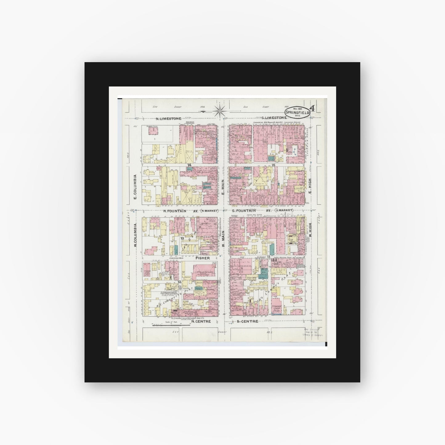Old map wall art mockup — black gallery frame with white mat — Sanborn Fire Insurance Map from Springfield, Clark County, Ohio (1891), Sheet #0004