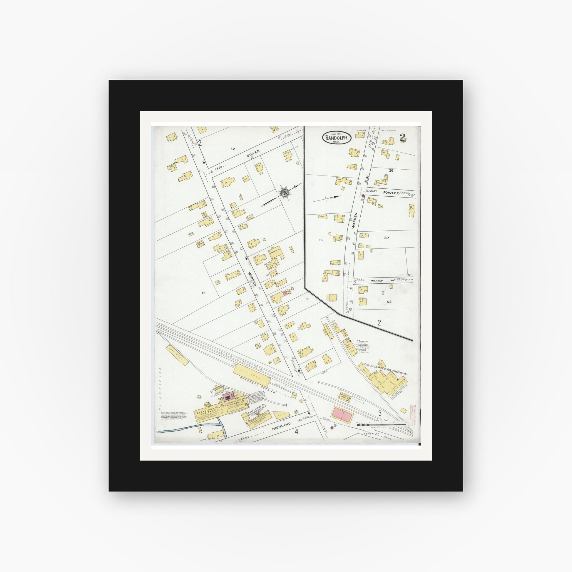 Old map wall art mockup — black gallery frame with white mat — Sanborn Fire Insurance Map from Randolph, Norfolk County, Massachusetts (1919), Sheet #0002