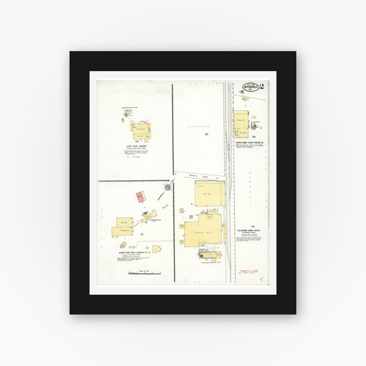 Old map wall art mockup — black gallery frame with white mat — Sanborn Fire Insurance Map from Geyserville, Sonoma County, California (1911), Sheet #0002