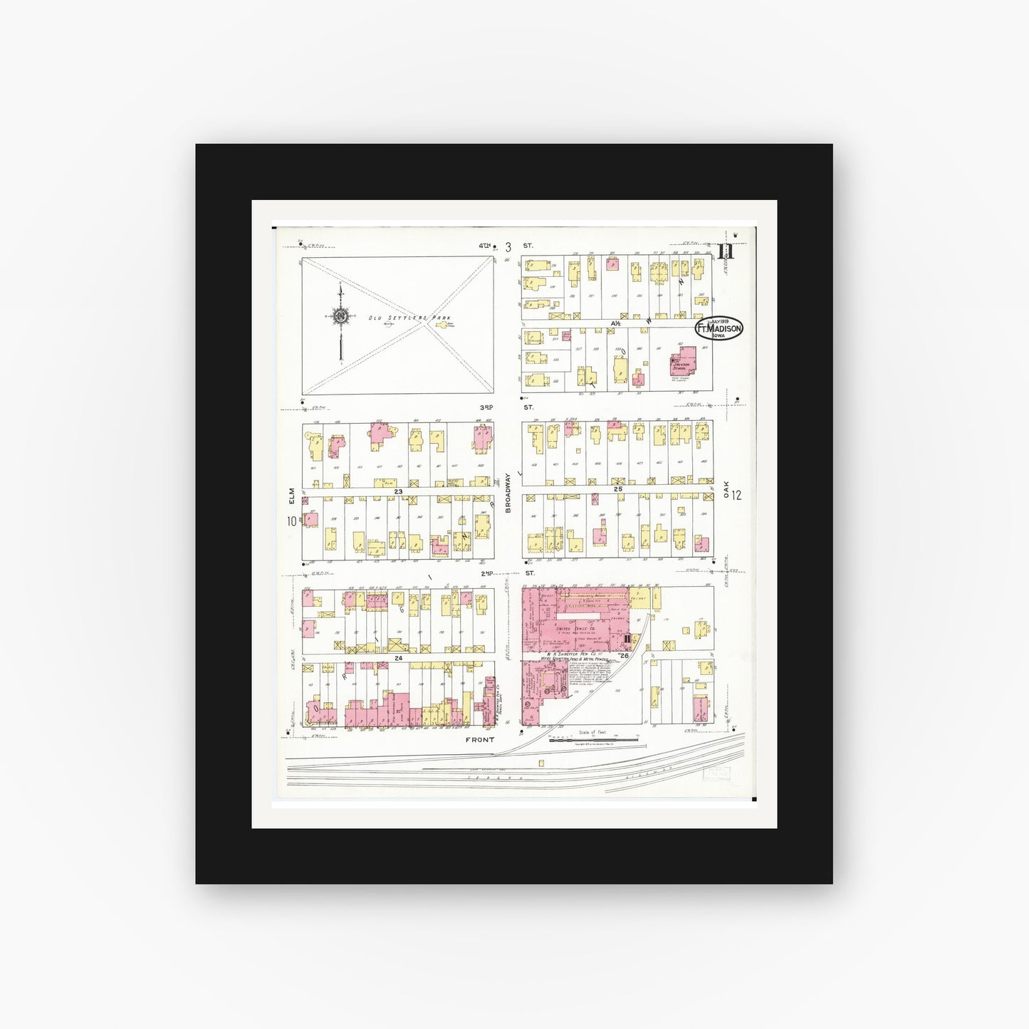 Old map wall art mockup — black gallery frame with white mat — Sanborn Fire Insurance Map from Fort Madison, Lee County, Iowa (1919), Sheet #0011