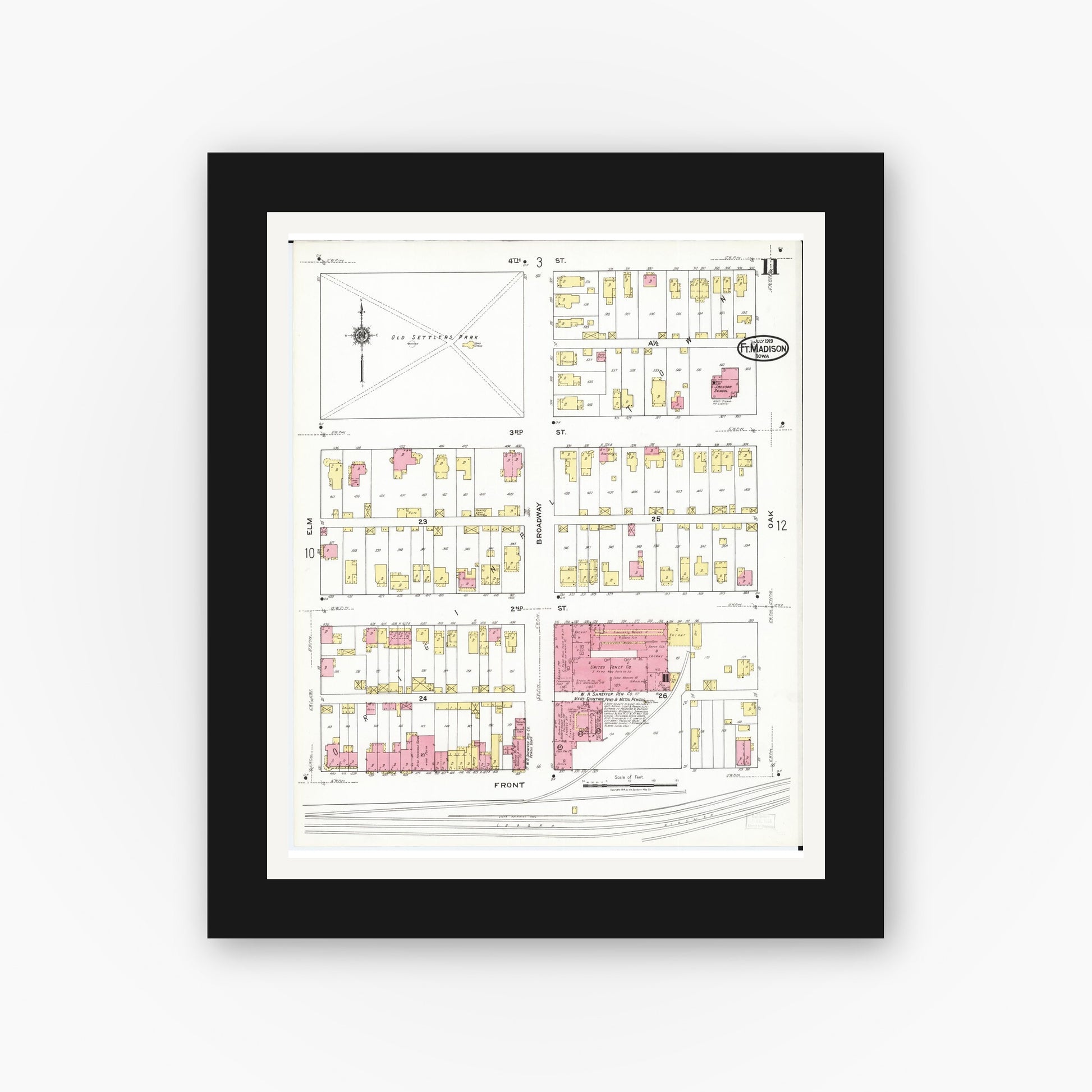 Old map wall art mockup — black gallery frame with white mat — Sanborn Fire Insurance Map from Fort Madison, Lee County, Iowa (1919), Sheet #0011