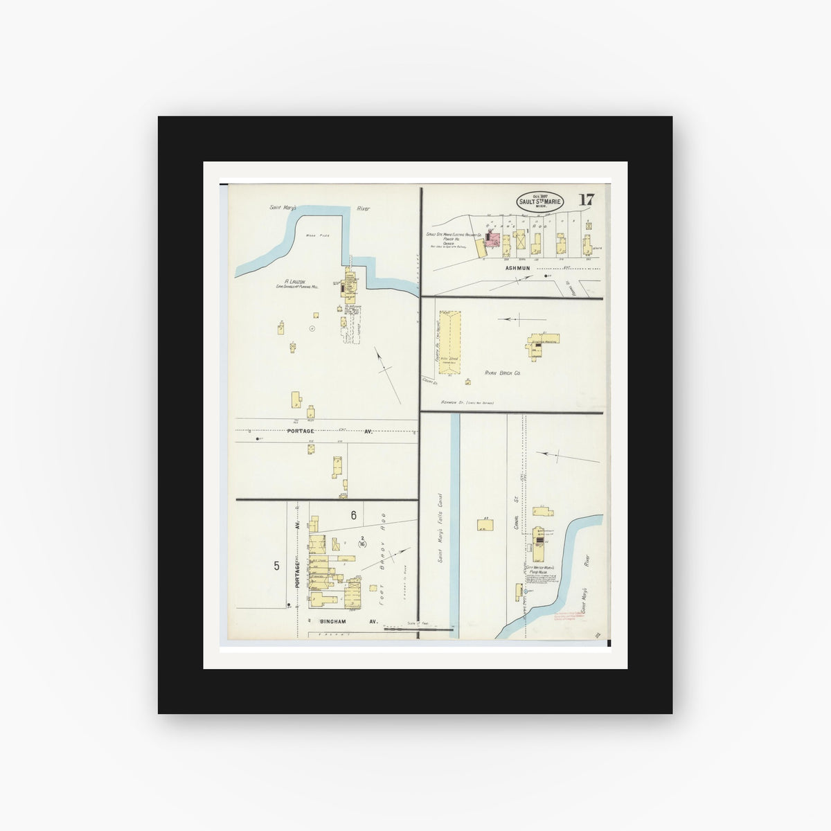 Old map wall art mockup — black gallery frame with white mat — Sanborn Fire Insurance Map from Sault Sainte Marie, Chippewa County, Michigan (1897), Sheet #0017