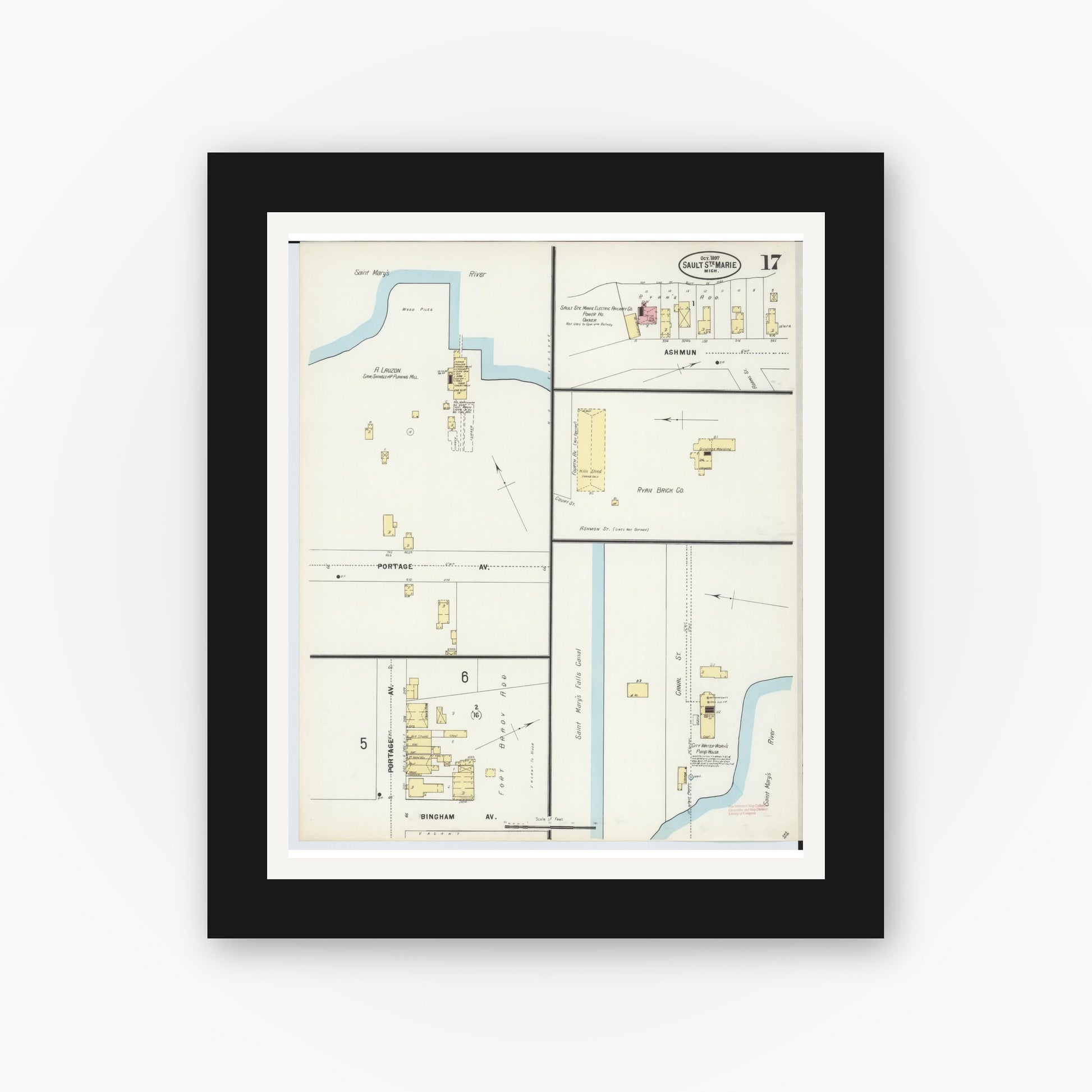 Old map wall art mockup — black gallery frame with white mat — Sanborn Fire Insurance Map from Sault Sainte Marie, Chippewa County, Michigan (1897), Sheet #0017