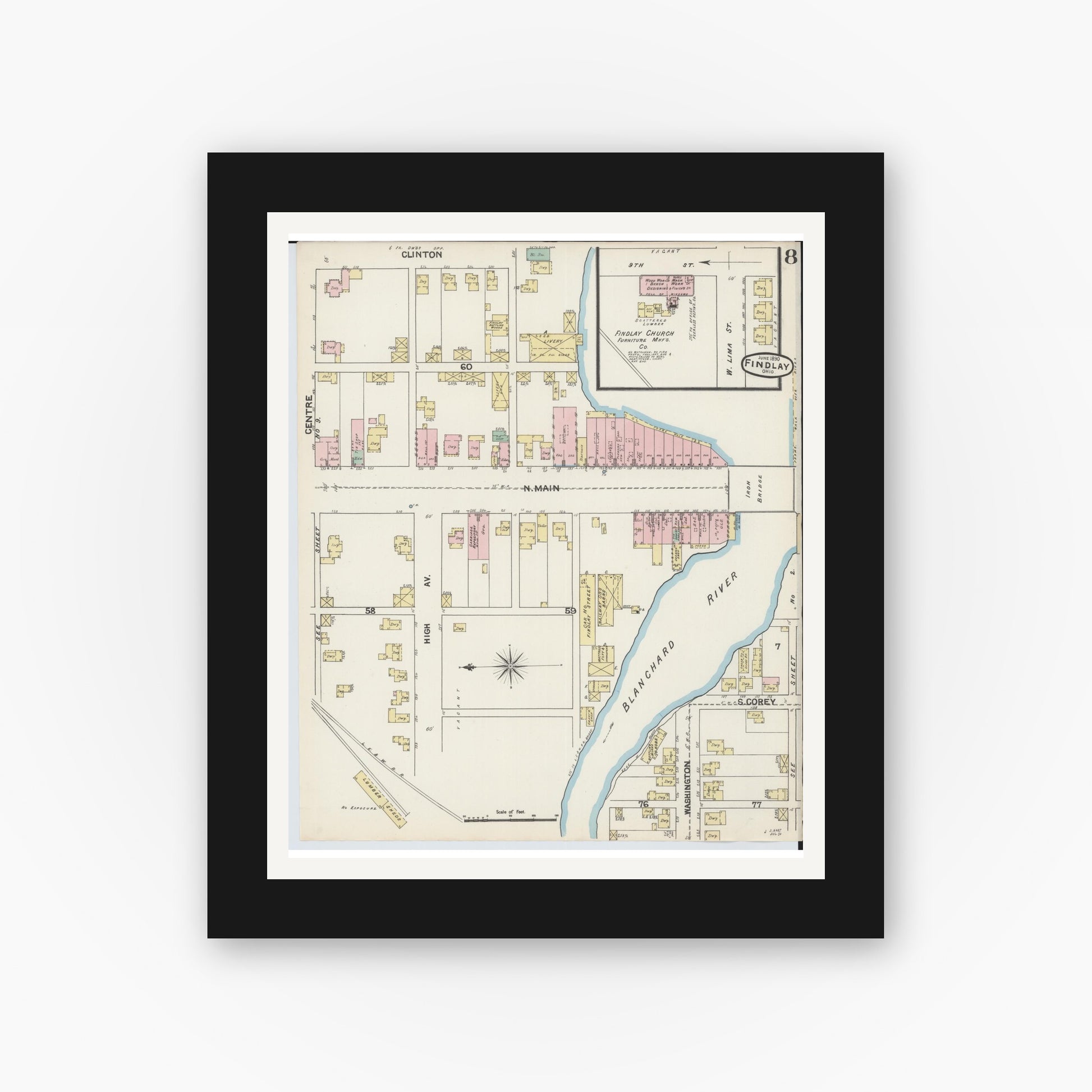 Old map wall art mockup — black gallery frame with white mat — Sanborn Fire Insurance Map from Findlay, Hancock County, Ohio (1890), Sheet #0008
