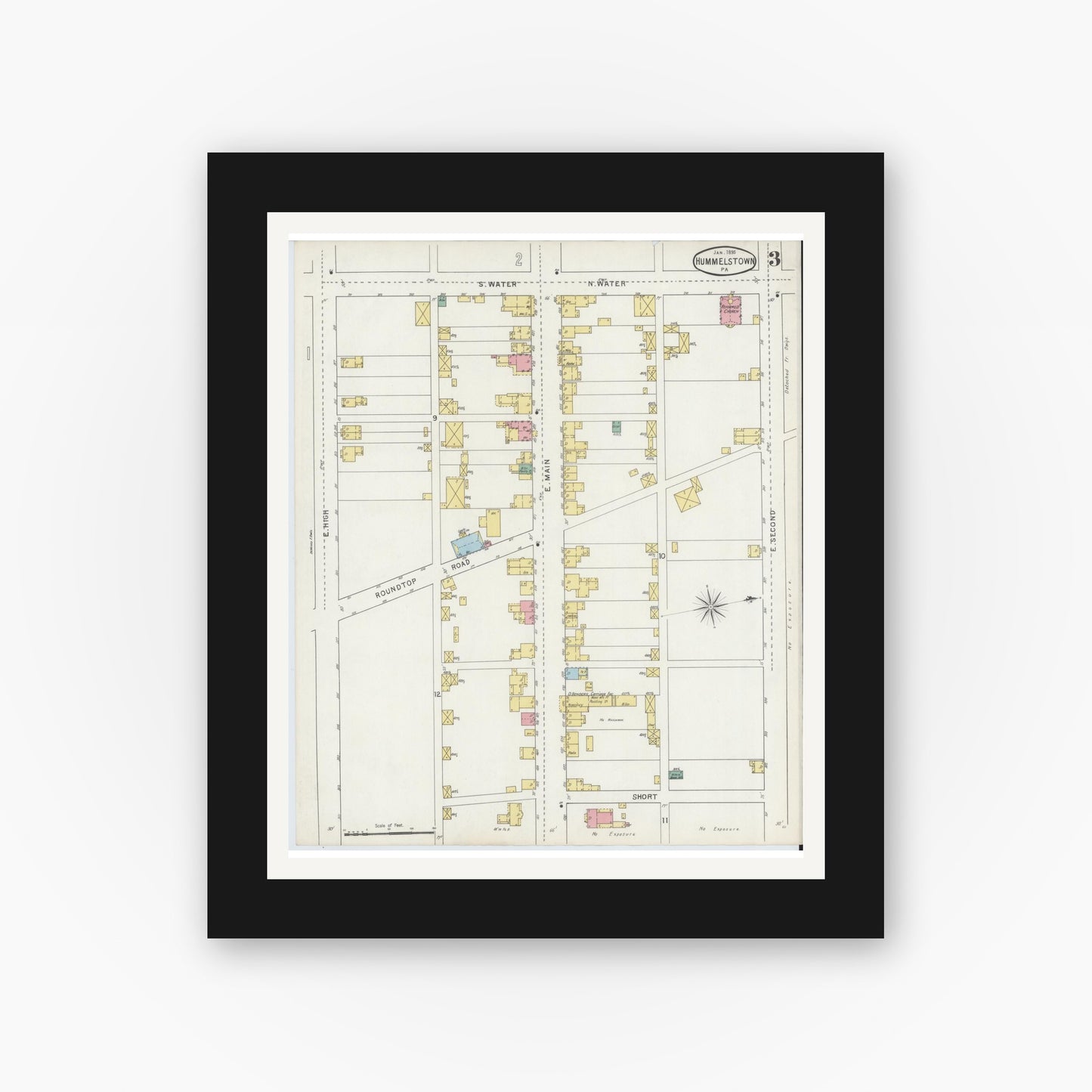 Old map wall art mockup — black gallery frame with white mat — Sanborn Fire Insurance Map from Hummelstown, Dauphin County, Pennsylvania (1895), Sheet #0003