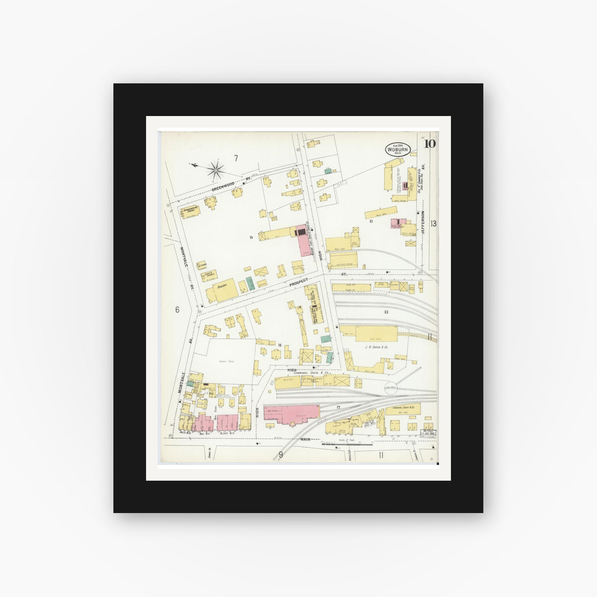 Old map wall art mockup — black gallery frame with white mat — Sanborn Fire Insurance Map from Woburn, Middlesex County, Massachusetts (1899), Sheet #0010