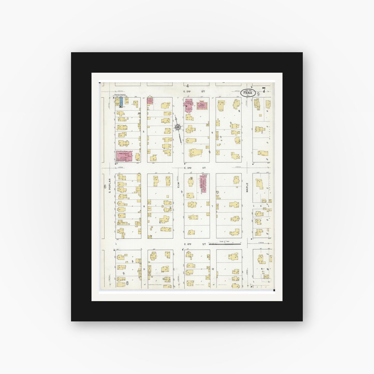 Old map wall art mockup — black gallery frame with white mat — Sanborn Fire Insurance Map from Pana, Christian County, Illinois (1916), Sheet #0007