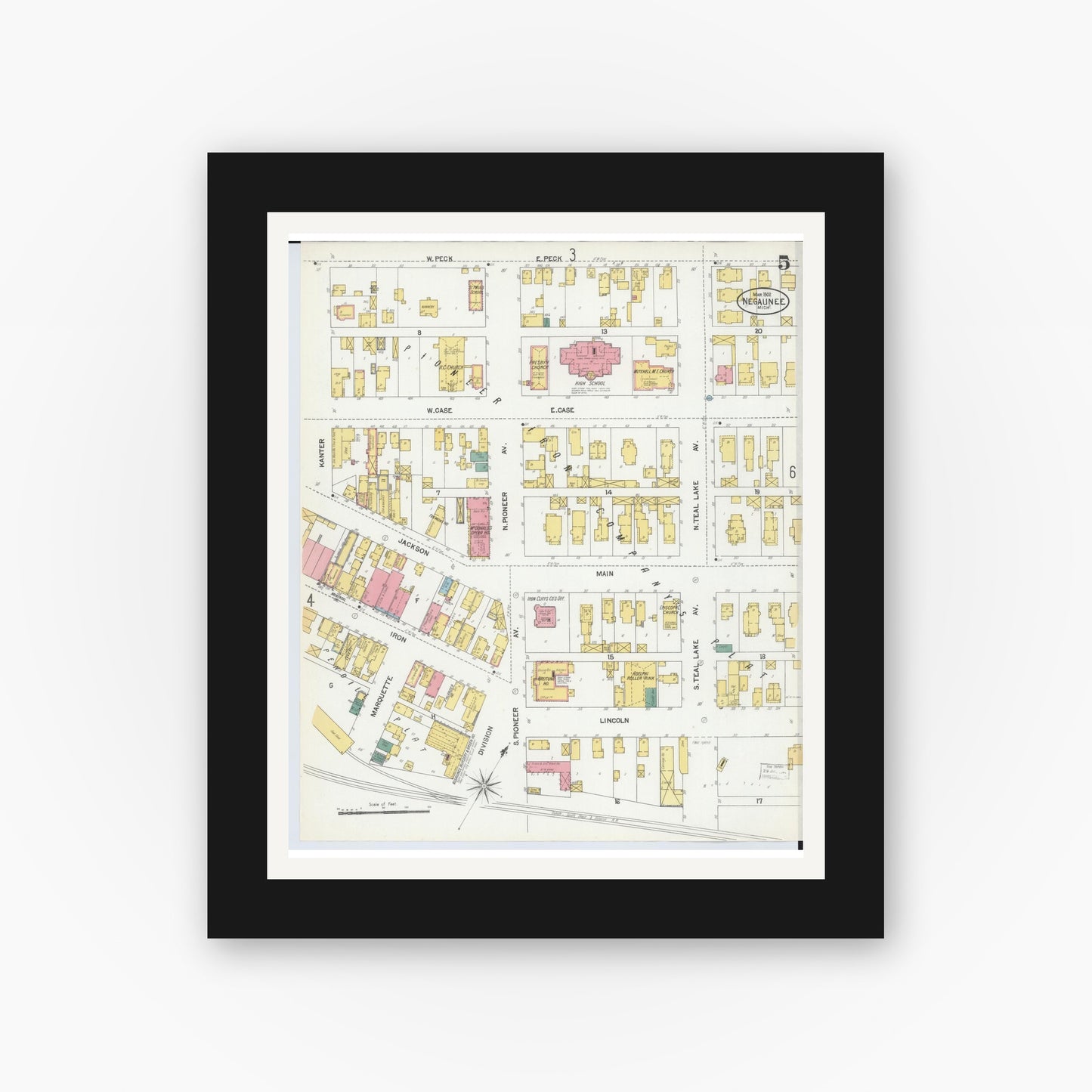 Old map wall art mockup — black gallery frame with white mat — Sanborn Fire Insurance Map from Negaunee, Marquette County, Michigan (1902), Sheet #0005