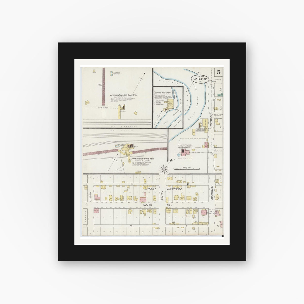 Old map wall art mockup — black gallery frame with white mat — Sanborn Fire Insurance Map from Latrobe, Westmoreland County, Pennsylvania (1887), Sheet #0005