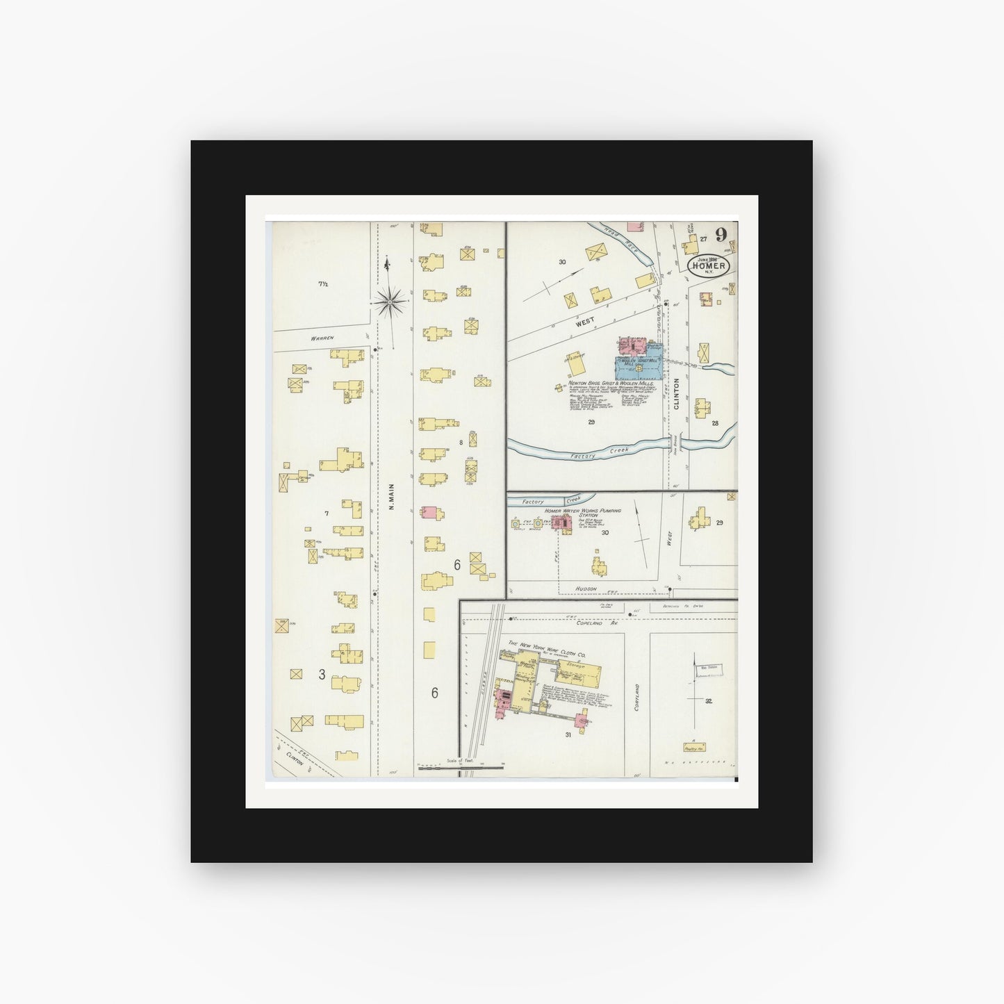 Old map wall art mockup — black gallery frame with white mat — Sanborn Fire Insurance Map from Homer, Cortland County, New York (1898), Sheet #0009
