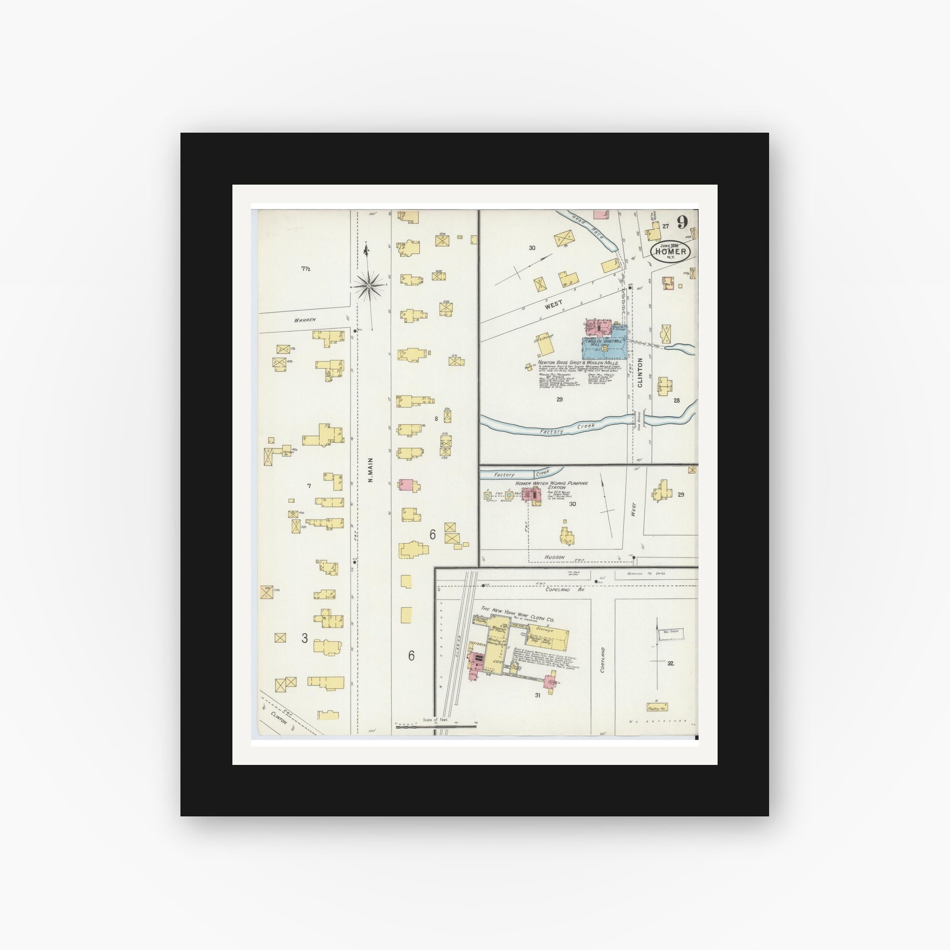 Old map wall art mockup — black gallery frame with white mat — Sanborn Fire Insurance Map from Homer, Cortland County, New York (1898), Sheet #0009