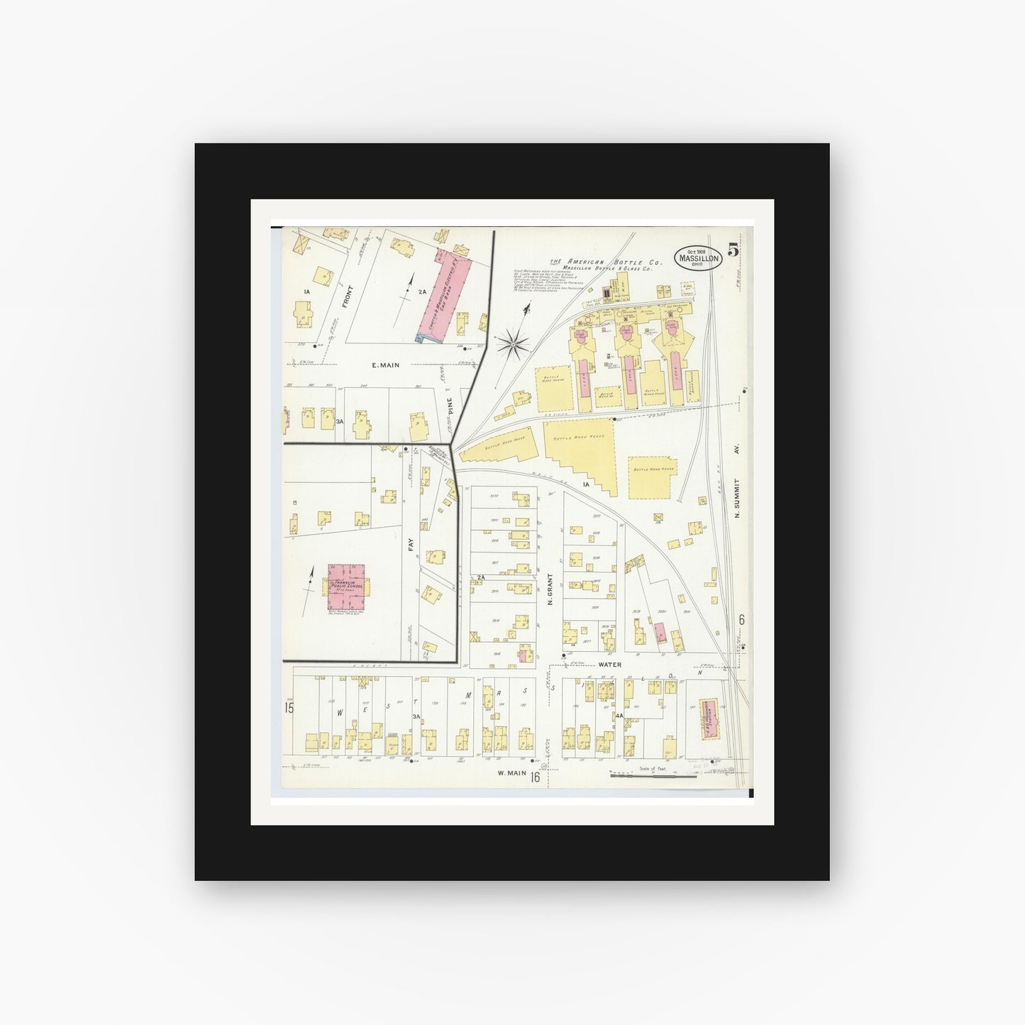 Old map wall art mockup — black gallery frame with white mat — Sanborn Fire Insurance Map from Massillon, Stark County, Ohio (1908), Sheet #0005