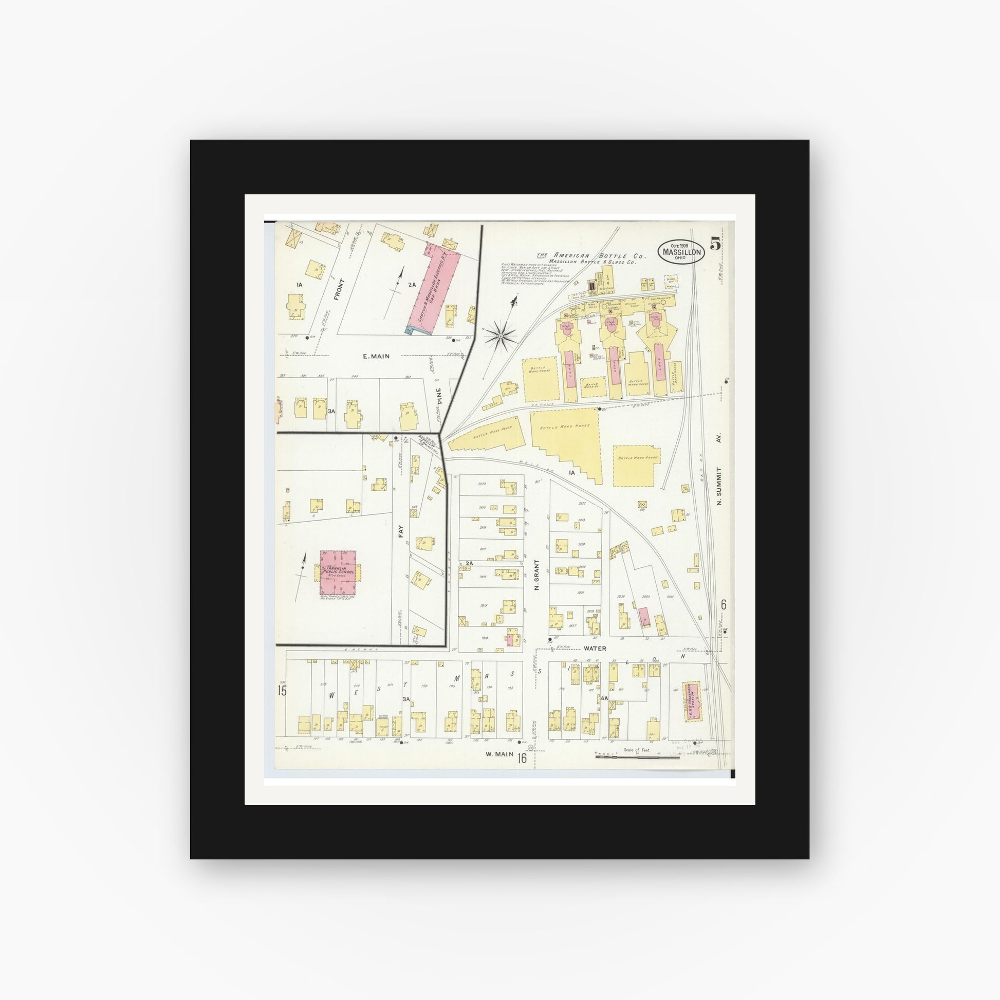 Old map wall art mockup — black gallery frame with white mat — Sanborn Fire Insurance Map from Massillon, Stark County, Ohio (1908), Sheet #0005