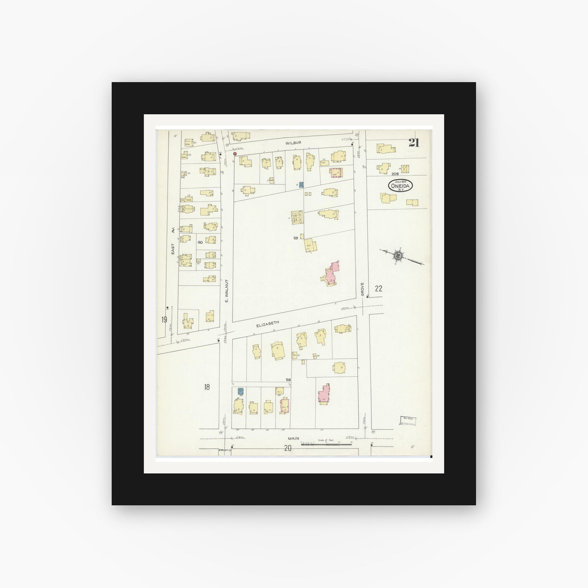 Old map wall art mockup — black gallery frame with white mat — Sanborn Fire Insurance Map from Oneida, Madison County, New York (1914), Sheet #0021