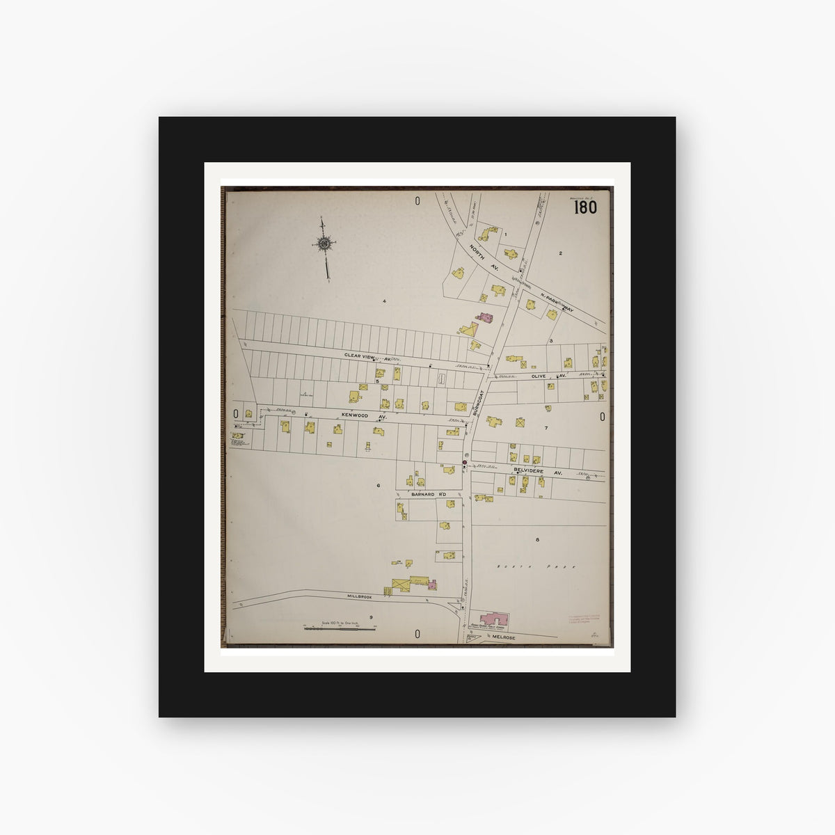 Old map wall art mockup — black gallery frame with white mat — Sanborn Fire Insurance Map from Worcester, Worcester County, Massachusetts (1910), Sheet #0180