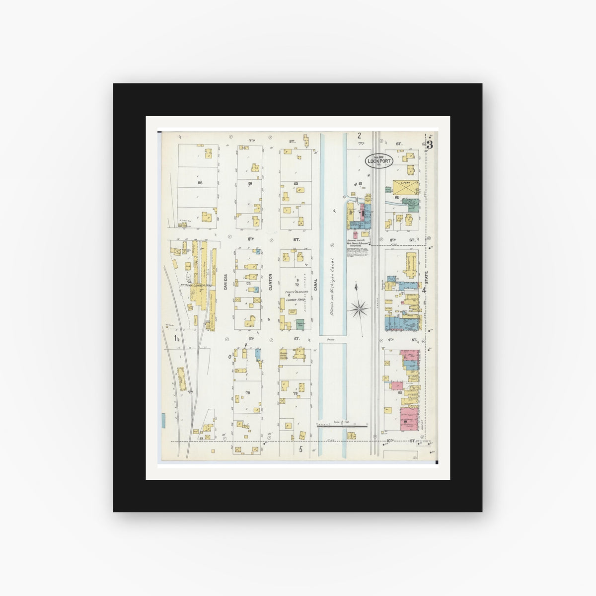 Old map wall art mockup — black gallery frame with white mat — Sanborn Fire Insurance Map from Lockport, Will County, Illinois (1902), Sheet #0003
