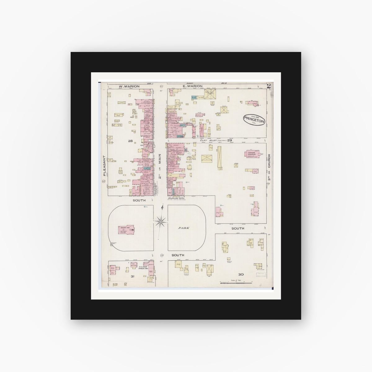 Old map wall art mockup — black gallery frame with white mat — Sanborn Fire Insurance Map from Princeton, Bureau County, Illinois (1885), Sheet #0002