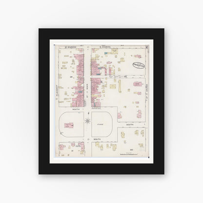 Old map wall art mockup — black gallery frame with white mat — Sanborn Fire Insurance Map from Princeton, Bureau County, Illinois (1885), Sheet #0002