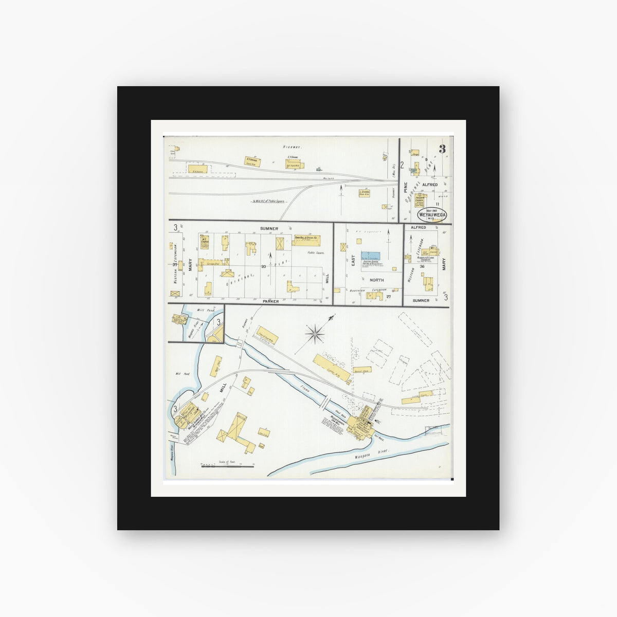 Old map wall art mockup — black gallery frame with white mat — Sanborn Fire Insurance Map from Weyauwega, Waupaca County, Wisconsin (1901), Sheet #0003