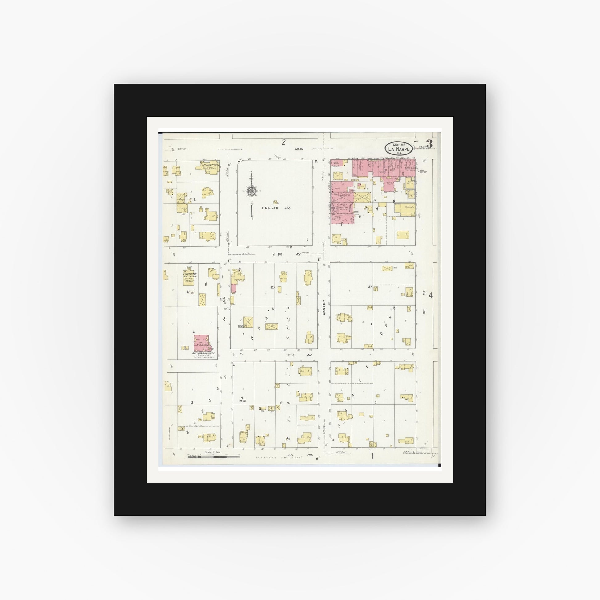 Old map wall art mockup — black gallery frame with white mat — Sanborn Fire Insurance Map from La Harpe, Hancock County, Illinois (1912), Sheet #0003