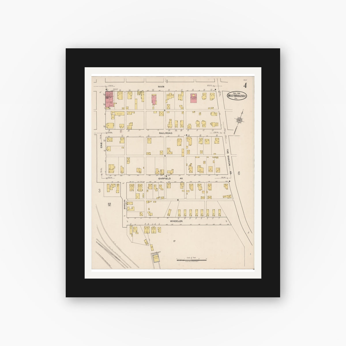 Old map wall art mockup — black gallery frame with white mat — Sanborn Fire Insurance Map from West Middlesex, Mercer County, Pennsylvania (1921), Sheet #0004