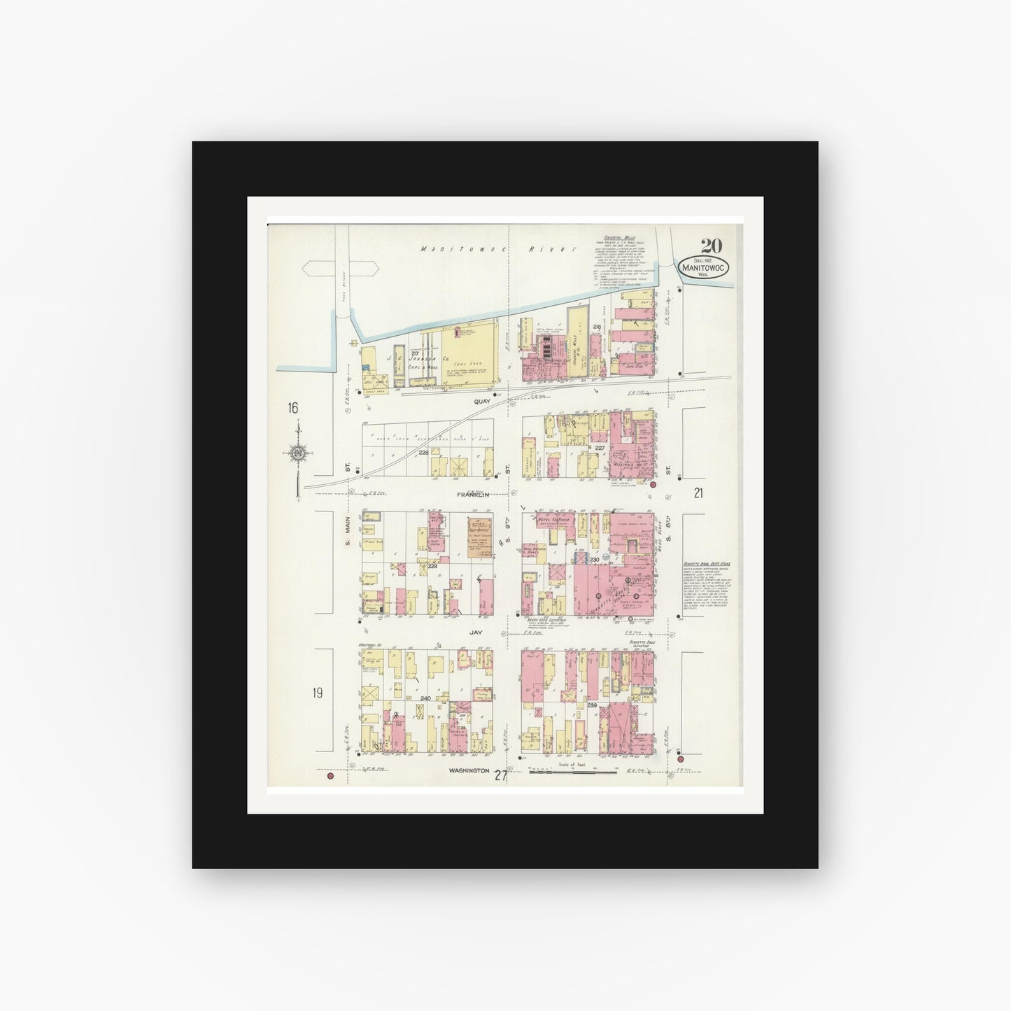 Old map wall art mockup — black gallery frame with white mat — Sanborn Fire Insurance Map from Manitowoc, Manitowoc County, Wisconsin (1912), Sheet #0020