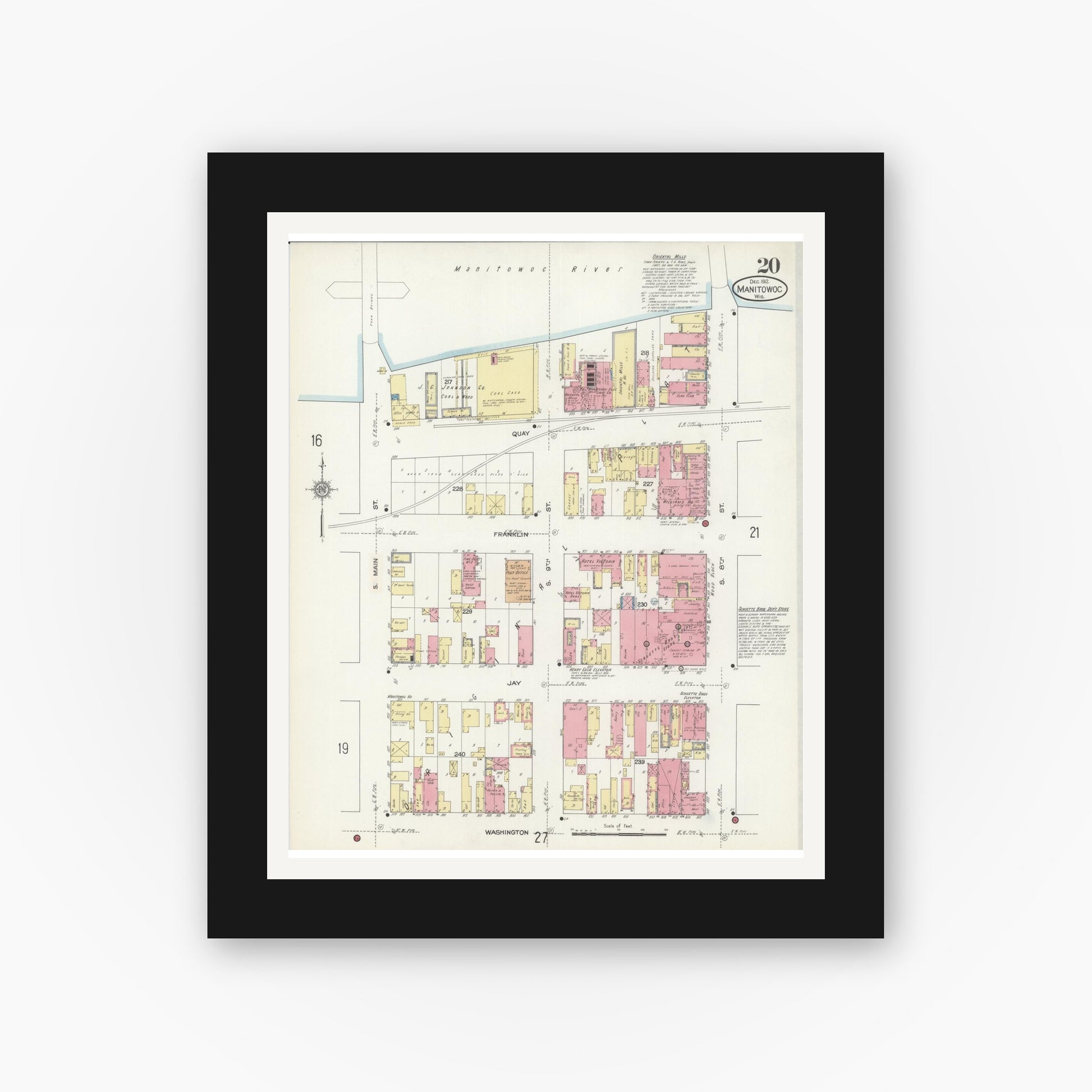 Old map wall art mockup — black gallery frame with white mat — Sanborn Fire Insurance Map from Manitowoc, Manitowoc County, Wisconsin (1912), Sheet #0020