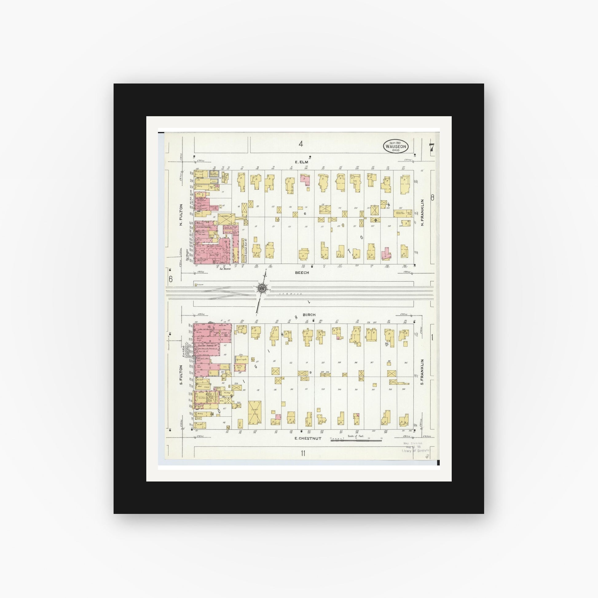 Old map wall art mockup — black gallery frame with white mat — Sanborn Fire Insurance Map from Wauseon, Fulton County, Ohio (1910), Sheet #0007
