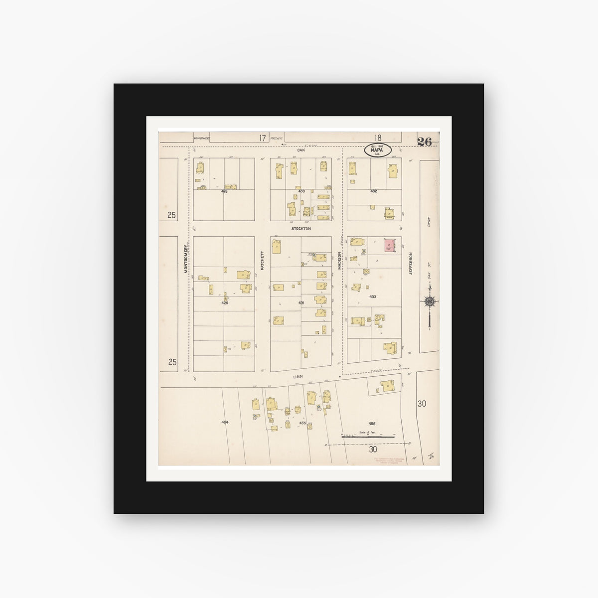 Old map wall art mockup — black gallery frame with white mat — Sanborn Fire Insurance Map from Napa, Napa County, California (1910), Sheet #0026
