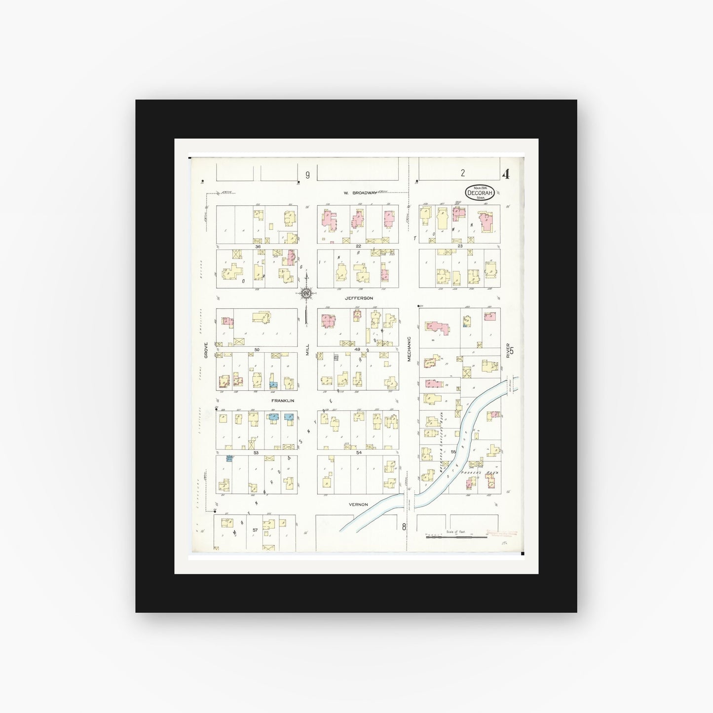 Old map wall art mockup — black gallery frame with white mat — Sanborn Fire Insurance Map from Decorah, Winneshiek County, Iowa (1914), Sheet #0004