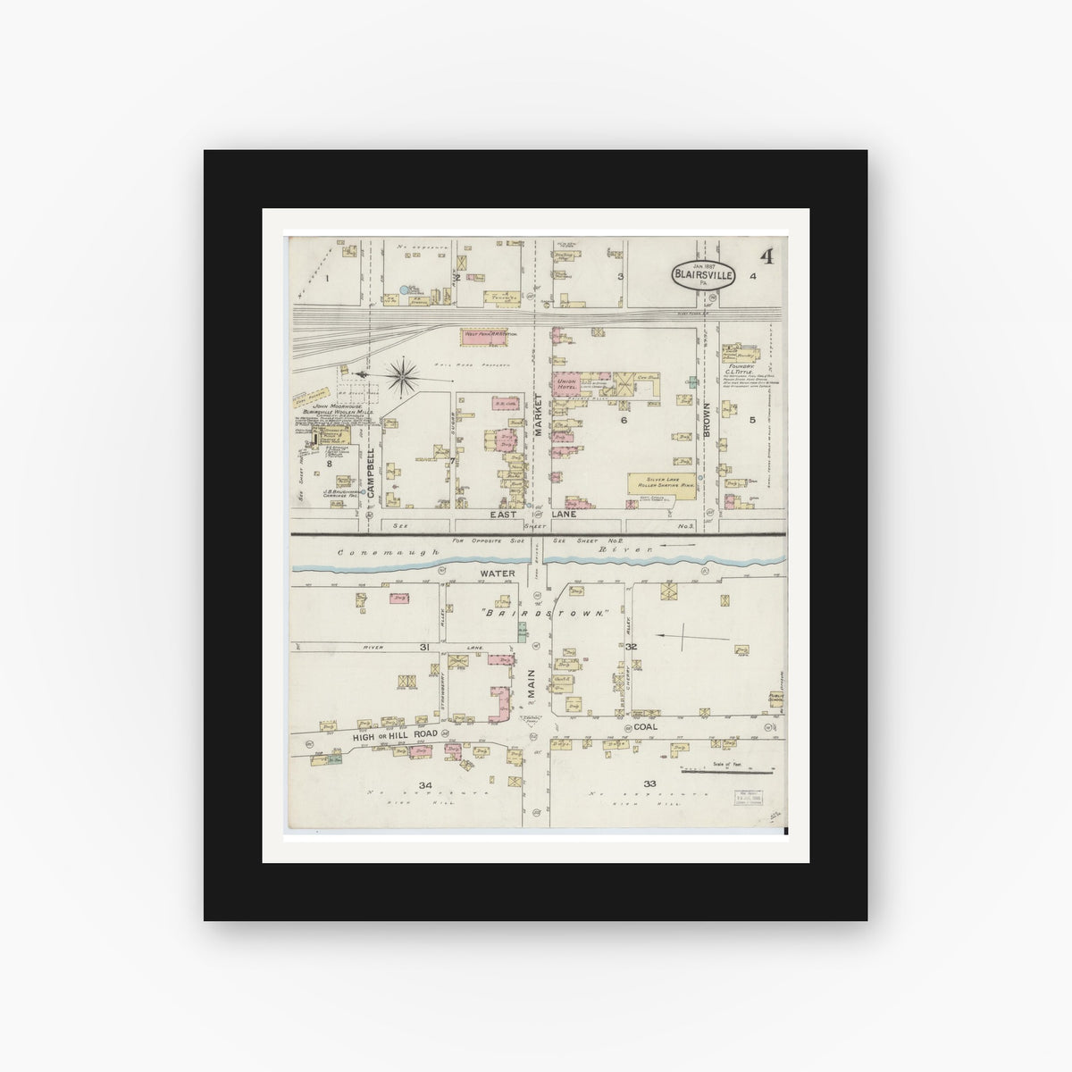 Old map wall art mockup — black gallery frame with white mat — Sanborn Fire Insurance Map from Blairsville, Indiana County, Pennsylvania (1887), Sheet #0004