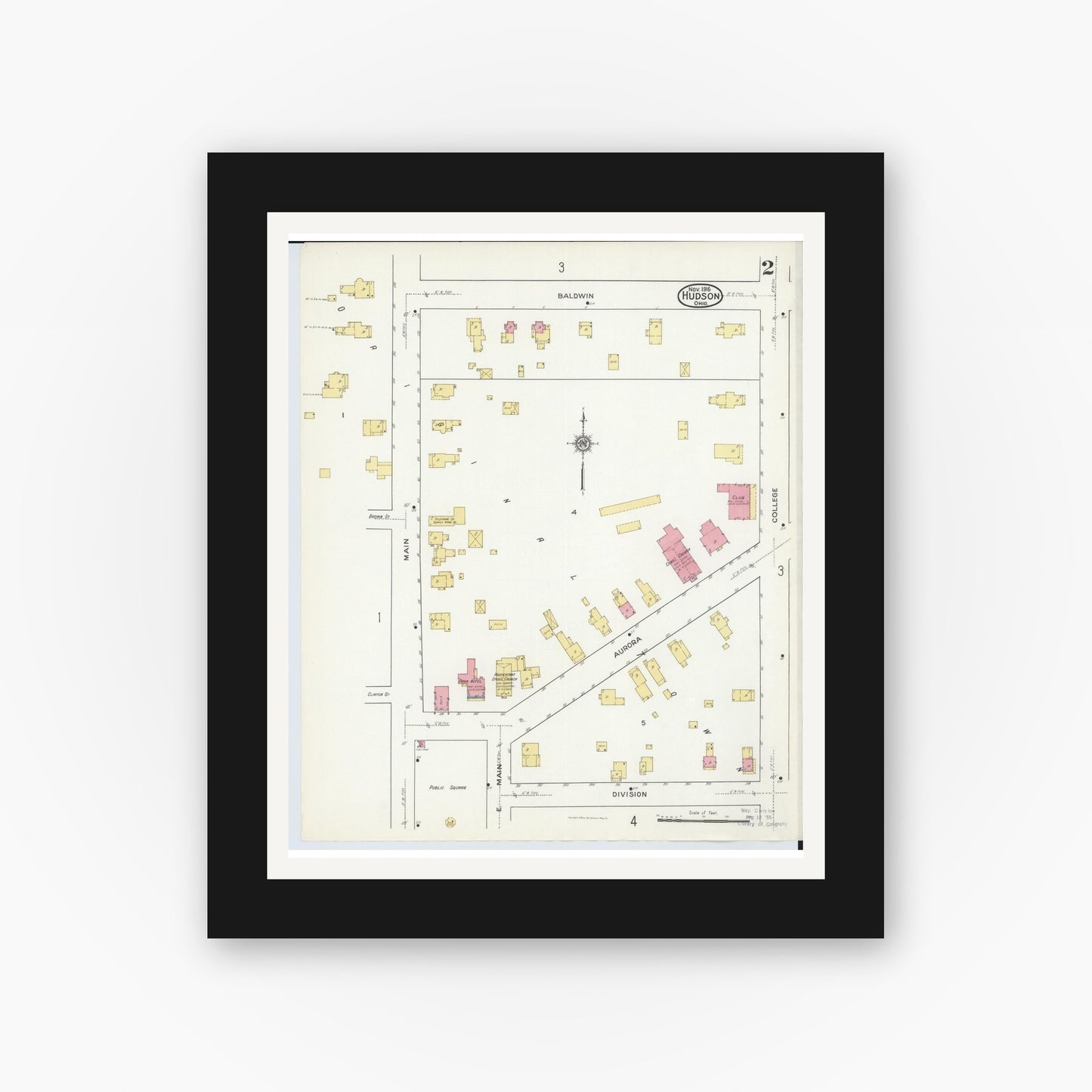 Old map wall art mockup — black gallery frame with white mat — Sanborn Fire Insurance Map from Hudson, Summit County, Ohio (1916), Sheet #0002